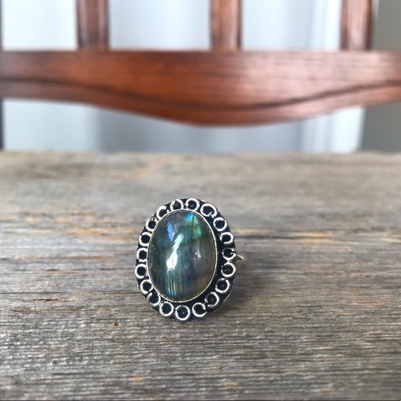 Sterling silver plated labradorite cocktail ring oval scrollwork boho jewelry - Picture 9 of 12